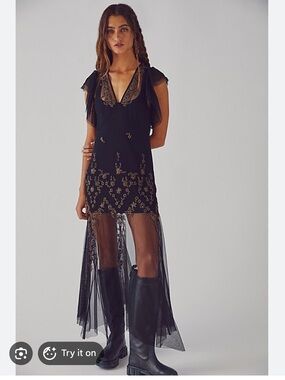 Free People Annabelle Beaded Embellished Mesh Maxi Slip Dress